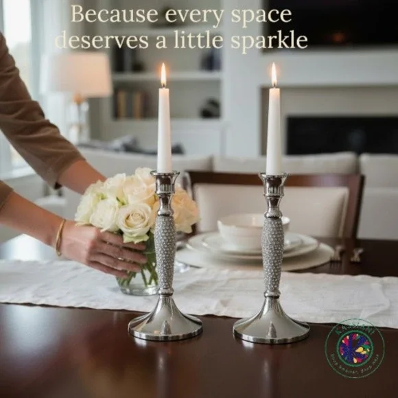 Tahari Home Set of 2 Silver Rhinestone Candle Holders Glam Decor - Picture 7 of 8